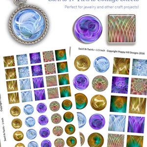 May include: Two sheets of collage paper with 1 inch and 1.5 inch round images. The images are colorful and feature swirling patterns in shades of blue, purple, gold, and green. The text "Swirl-N-Twirls Collage Sheets" is at the top of the image. The text "Swirl-N-Twirls - 1 Inch" and "Swirl-N-Twirls - 1.5 Inch" is on each sheet. The text "Copyright Poppy Hill Designs 2016" is on the bottom of the image.