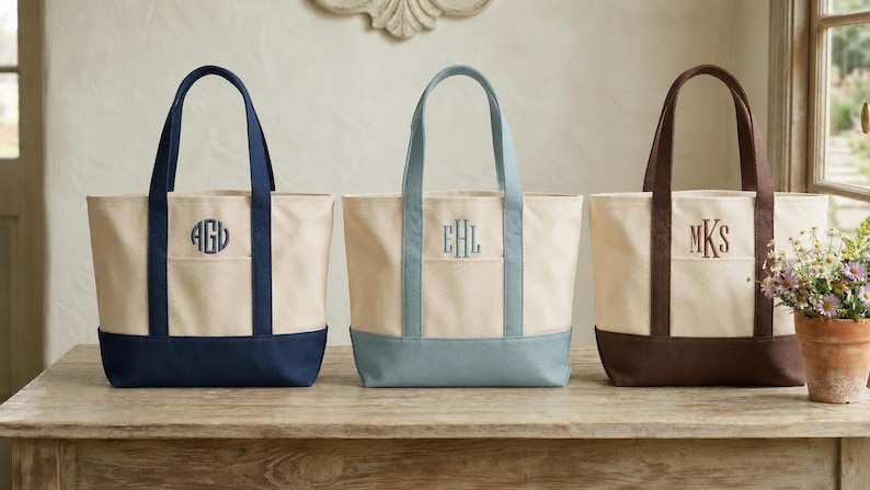 Canvas Monogram Tote, Custom Bag, Personalized Name Bag, Bridesmaid Gift, Shopping Bag, Embroidery Initials Gift, Wedding Anniversary Gift Saddle Brown