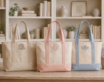 Monogram Canvas Tote Bag, Personalized Initials, Bridesmaid Gift, 12 oz Heavy-Duty Canvas Boat Bag