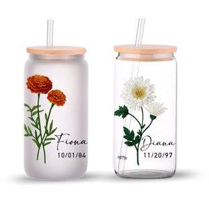 Personalized Tumbler, Bridesmaid Gifts, Birth Month Flower Tumbler, Bridesmaid Proposal, Customized Glass Tumbler, Frosted Glass Tumbler