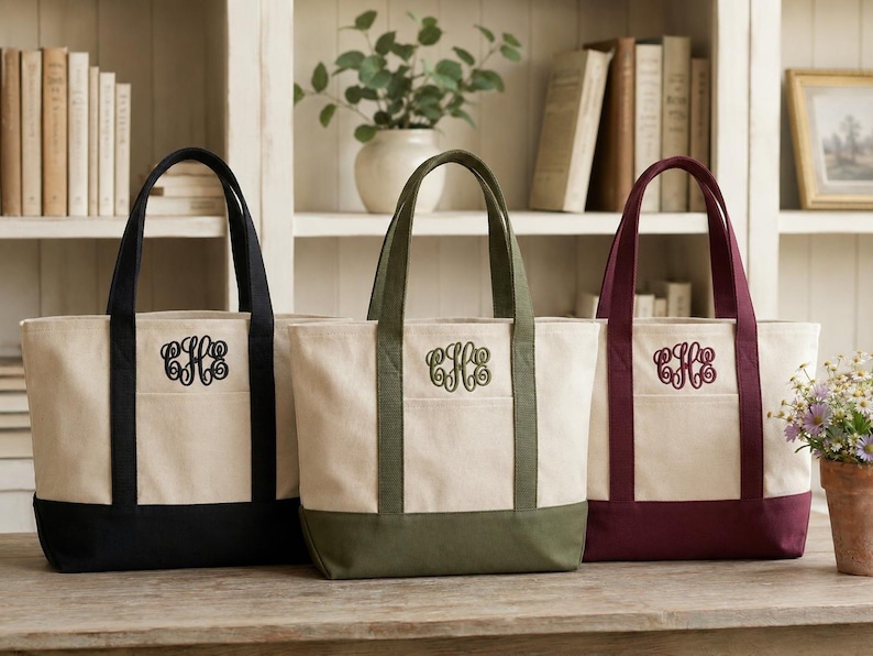 Canvas Monogram Tote, Custom Bag, Personalized Name Bag, Bridesmaid Gift, Shopping Bag, Embroidery Initials Gift, Wedding Anniversary Gift afbeelding 1