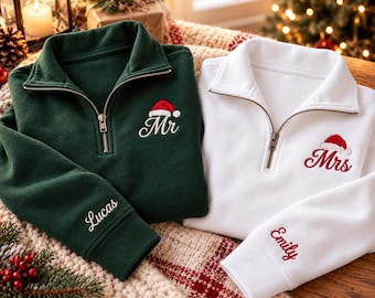 Custom Embroidered Mr and Mrs Quarter Zip, Personalized Christmas Couple Sweatshirt, Matching Holiday Pullover, Christmas Gift