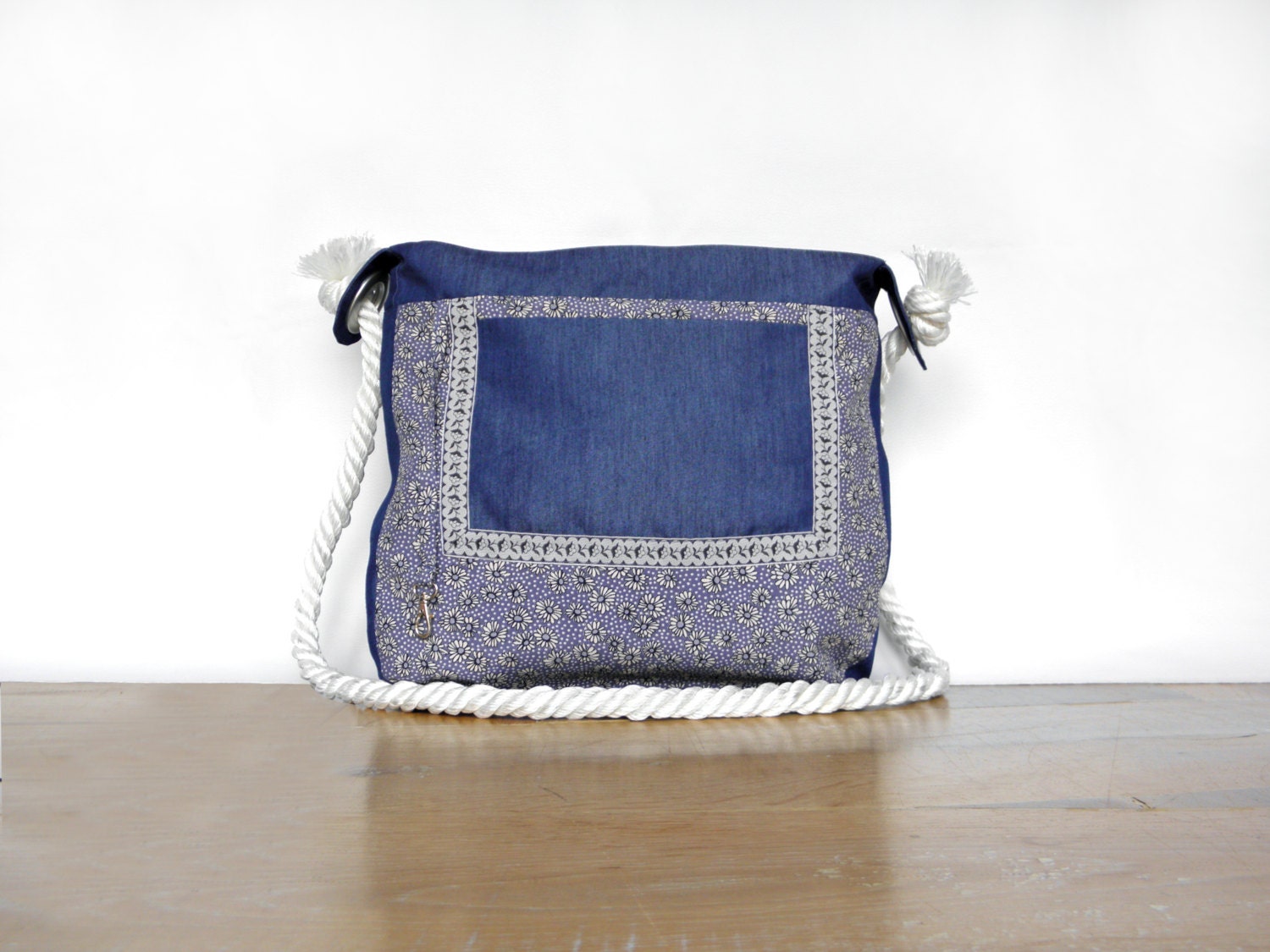 Blue Denim Shoulder Bag With White Hand-knitted Lace & Rose - Etsy