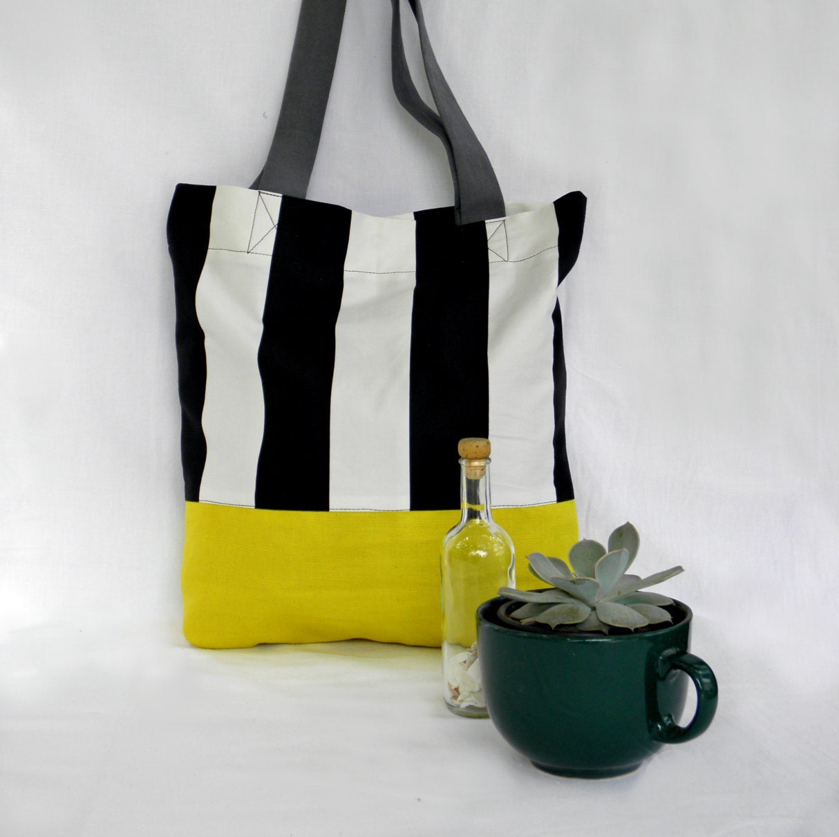 Striped tote bag Black and white yellow canvas Stripe | Etsy