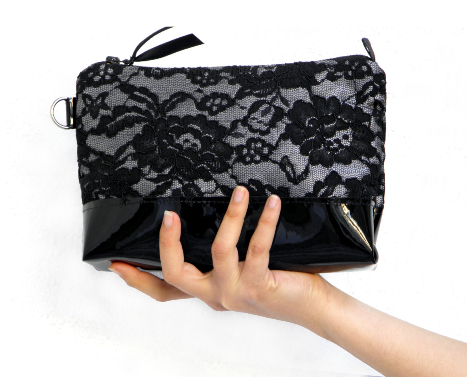 Black Lace Clutch, Lace Patent Leather Clutch Bag, Evening Bag, Wedding