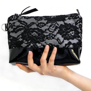 Black Lace Clutch, Lace  Patent Leather Clutch bag, Evening Bag, wedding party clutch, bridesmaid gift, evening bag