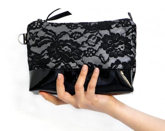 Black Lace Clutch, Lace  Patent Leather Clutch bag, Evening Bag, wedding party clutch, bridesmaid gift, evening bag