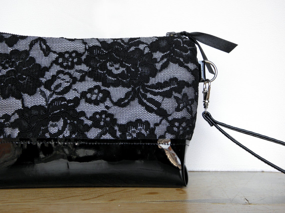 Black Lace Clutch, Lace Patent Leather Clutch Bag, Evening Bag, Wedding