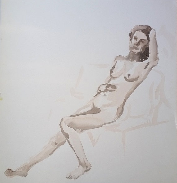 Female figure drawing watercolor sketch original abstract nude