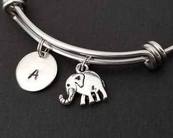 Elephant Bangle - Tiny Elephant Charm Bracelet - Expandable Bangle - Charm Bangle - Totem Bracelet- Initial Bracelet - Personalized Bracelet