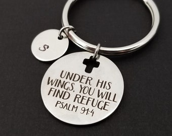 Under His Wings You Will Find Refuge Keychain - Psalm 91:4 Custom Gift - Bible Verse Keychain - Religious Key Chain - Gift for Mom