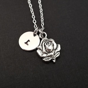 Silver Rose Necklace - Detailed Rose Charm Necklace - Personalized Necklace - Custom Gift - Initial Necklace - Dainty Flower Necklace