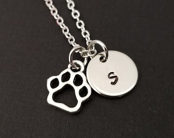 Antique Silver Dog Paw Necklace - Dog Lover Necklace - Personalized Necklace - Custom Gift - Initial Necklace - Initial Jewelry Dog Necklace