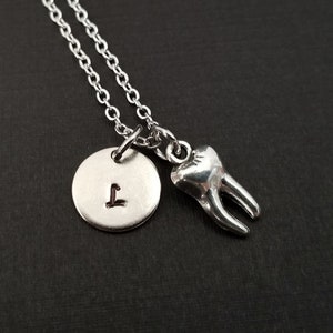 Silver Tooth Necklace - Dental Assistant Necklace - Personalized Necklace - Custom Gift - Initial Necklace - Dentist Gift - Tooth Charm Gift