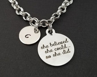 She Believed She Could Bracelet - Inspirational Bracelet - Expandable Charm Bracelet - Initial Bracelet - Best Friend Gift Mom Gift