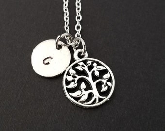 Silver Tree Necklace - Pewter Charm Necklace - Personalized Necklace - Custom Gift - Initial Necklace - Initial Jewelry - Tree of Life
