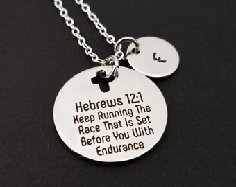 Hebrews 12:1 Necklace - Race With Endurance Necklace - Religious Necklace - Cross Necklace - Christian Necklace Bible Verse Necklace