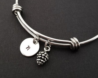 Pine Cone Bangle Bracelet - Pinecone Charm Bracelet - Adjustable Bracelet Bangle - Initial Bracelet - Gift for Mom - Pine Tree Bracelet