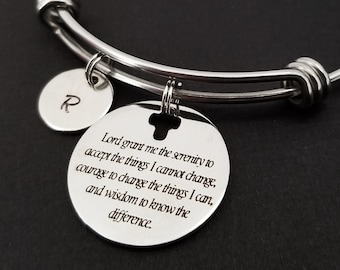 Serenity Prayer Bracelet - Serenity Prayer Bangle - Expandable Charm Bracelet - Initial Bracelet - Religious Bracelet - Bible Verse Bracelet