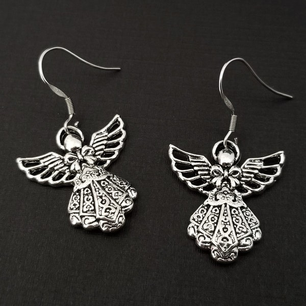 Filigree Angel Earrings - Angel Charm Earrings - Guardian Angel Gift - French Hook Earrings - Dangle Earrings - Angel Wing Charm Angel Gift