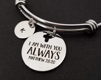 Matthew 28:20 Bracelet - I Am With You Always - Expandable Charm Bracelet - Initial Bracelet - Religious Bracelet - Bible Verse Bracelet