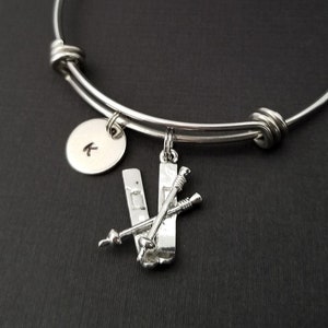 Skiing Bracelet Expandable Bangle Ski Charm Bracelet Initial Bracelet Skier Gift Skiing Bangle Ski Bracelet Sports Bangle image 2