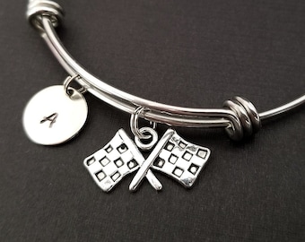 Checkered Flag Bracelet - Expandable Bangle - Race Car Charm Bracelet - Initial Bracelet - Car Racing Bracelet - Race Car Bangle