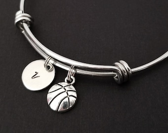 Basketball Bracelet - Expandable Bangle - Basketball Charm Bracelet - Initial Bracelet - Basketball Gift - Basketball Bangle