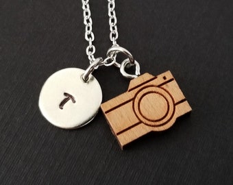 Wooden Camera Necklace - Wood Camera Charm Necklace - Personalized Necklace - Custom Gift - Initial Necklace - Photographer Gift