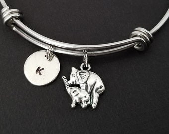 Elephant Bangle - Mom and Baby Elephant Charm Bracelet - Adjustable Bracelet - Charm Bangle - Initial Bracelet - Personalized Bracelet