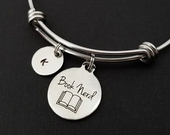 Book Nerd Bracelet - Book Bracelet - Expandable Charm Bracelet - Initial Bracelet - Book Lover Gift - Librarian Jewelry Bracelet