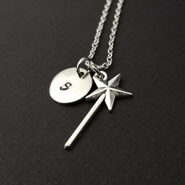 Silver Wand Necklace - Fairy Godmother Necklace - Personalized Necklace - Custom Gift - Initial Necklace - Princess Jewelry - Silver Wand