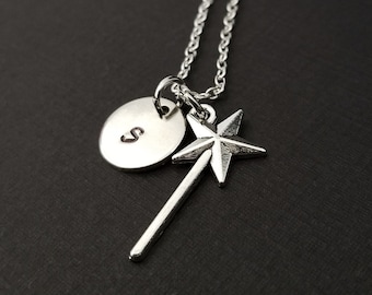 Silver Wand Necklace - Fairy Godmother Necklace - Personalized Necklace - Custom Gift - Initial Necklace - Princess Jewelry - Silver Wand