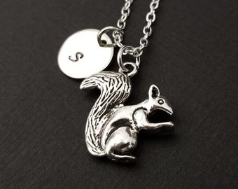 Silver Squirrel Necklace - Squirrel Charm Pendant - Personalized Necklace - Custom Gift - Squirrel Initial Necklace Animal Personalized Gift