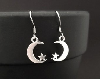 Moon Earrings - Moon Charm Earrings - Star Earrings - Celestial Earrings - Mom Gift - French Hook Earrings - Dangle Earrings Dainty Earrings