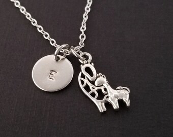 Silver Mommy and Baby Giraffe Necklace - New Mom Necklace - Personalized Necklace - Mom Baby Initial Necklace - Mother Gift