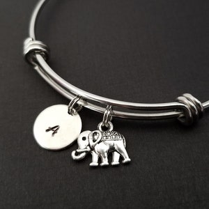 Elephant Bangle - Tiny Elephant Charm Bracelet - Expandable Bangle - Charm Bangle - Initial Bracelet - Personalized Bracelet - Animal Gift