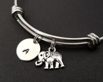Elephant Bangle - Tiny Elephant Charm Bracelet - Expandable Bangle - Charm Bangle - Initial Bracelet - Personalized Bracelet - Animal Gift