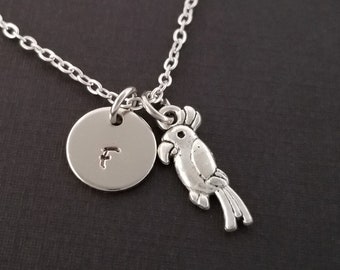 Silver Parrot Necklace - Parrot Charm Pendant - Personalized Necklace - Custom Gift - Initial Necklace - Personalized Gift - Bird Jewelry