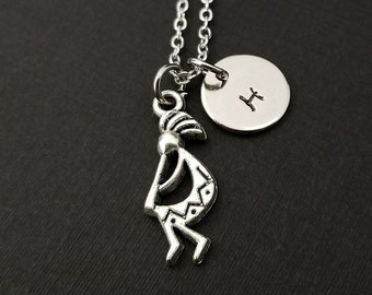 Silver Kokopelli Necklace - Kokopelli Charm Necklace - Personalized Necklace - Custom Gift - Initial Necklace - African Algaita Musician