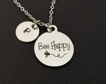Bee Happy Necklace - Bee Charm Necklace - Personalized Necklace - Custom Gift - Initial Necklace - Inspirational Necklace