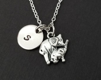 Silver Mommy and Baby Elephant Necklace - New Mom Necklace - Personalized Necklace - Mom and Baby Elephant - Initial Necklace - Mother Gift