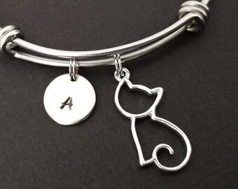 Cat Bracelet - Cat Bangle - Hollow Cat Charm Bracelet - Expandable Bangle - Kitten Charm Bangle - Initial Bracelet - Cat Silhouette Bracelet