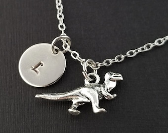 Silver T-Rex Necklace - Dinosaur Charm Necklace - Personalized Necklace - Custom Gift - T Rex Initial Necklace - Tyrannosaurus Rex Necklace
