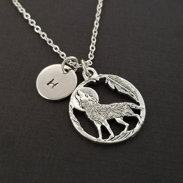 Silver Wolf Necklace - Wolf Charm Necklace - Personalized Necklace - Custom Gift - Initial Necklace - Wolf Jewelry - Best Friend Gift