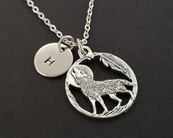 Silver Wolf Necklace - Wolf Charm Necklace - Personalized Necklace - Custom Gift - Initial Necklace - Wolf Jewelry - Best Friend Gift