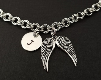Angel Wing Bracelet - Dainty Angel Charm Bracelet - Initial Bracelet - Charm Jewelry - Angel Bracelet - Guardian Angel Bangle Bracelet
