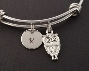 Owl Bangle - Owl Charm Bracelet - Expandable Bangle - Charm Bangle - Owl Bracelet - Initial Bracelet - Bird Bracelet - Owl Jewelry