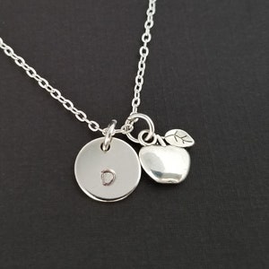 Silver Apple Necklace - Apple Charm Pendant - Personalized Necklace - Custom Gift - Initial Necklace - Personalized Gift - Teacher Gift