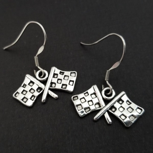 Checkered Flag Earrings - Race Car Earrings - Checkered Flag Gift - Gift for Mom - French Hook Earrings - Racing Earrings - Dangle Earrings